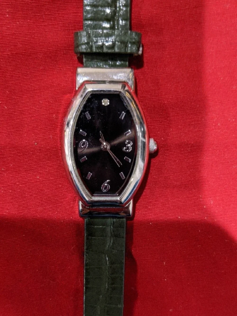 Green Leather-Strap Watch with Black Dial